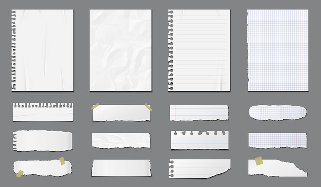 Vector conjunto de diferentes páginas de cuaderno y trozos de papel rasgado