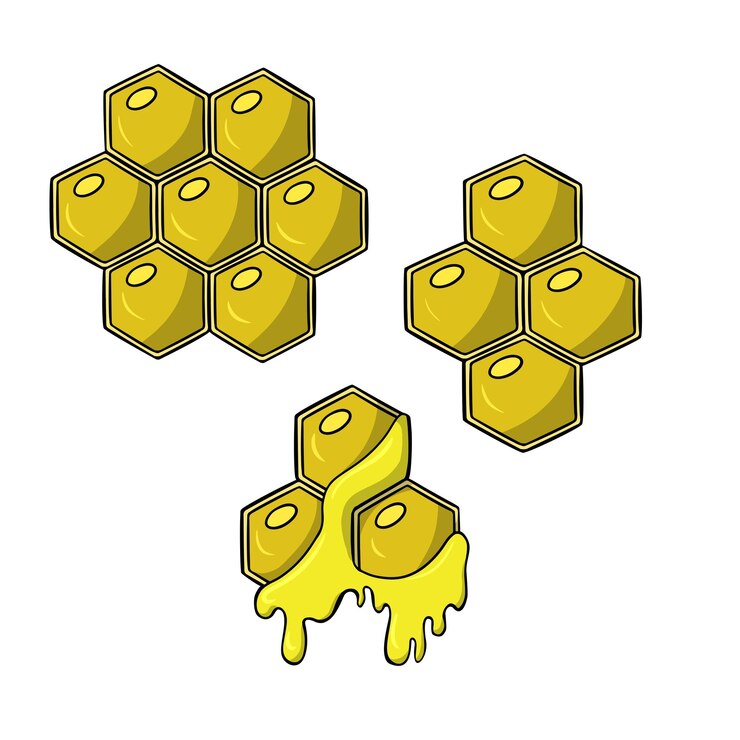 Vector un conjunto de diferentes panales de color amarillo brillante con ilustración de vector de miel de abeja en estilo de dibujos animados
