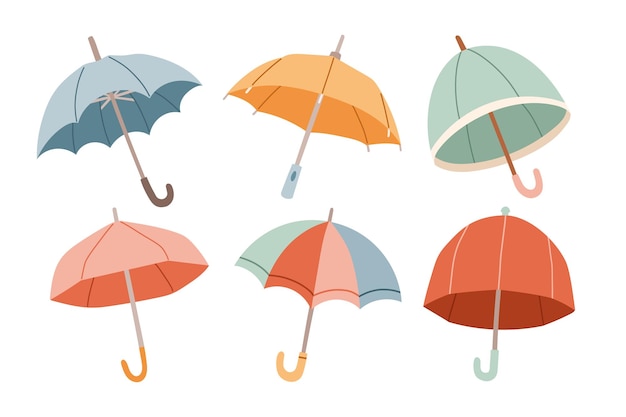 Conjunto de diferentes paraguas. Paraguas abiertos. Varios estampados. Ilustración vectorial coloreada dibujada a mano.