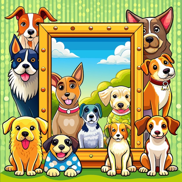 Vector conjunto de diferentes perros lindos en estilo de dibujos animados, mascota dibujada a mano, personaje de dibujo animado, concepto de icona de pegatina.