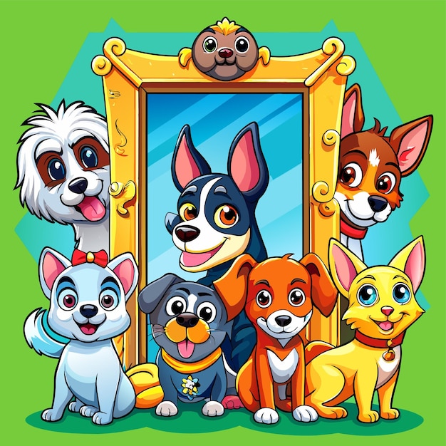 Vector conjunto de diferentes perros lindos en estilo de dibujos animados, mascota dibujada a mano, personaje de dibujo animado, concepto de icona de pegatina.