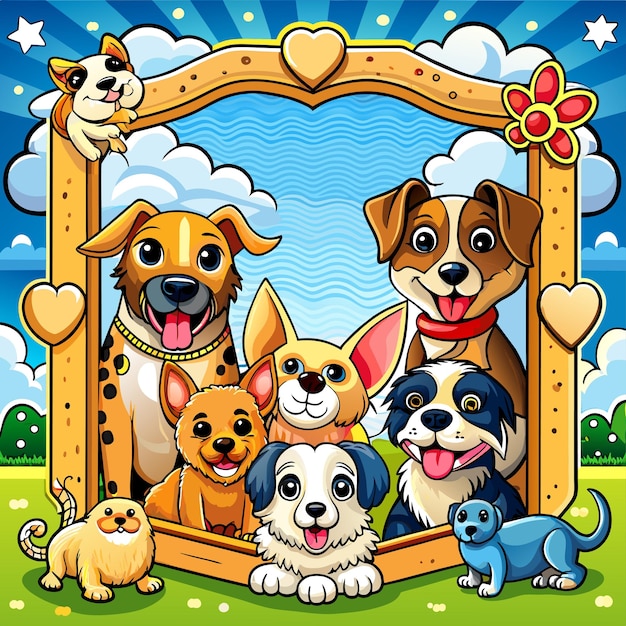 Vector conjunto de diferentes perros lindos en estilo de dibujos animados, mascota dibujada a mano, personaje de dibujo animado, concepto de icona de pegatina.