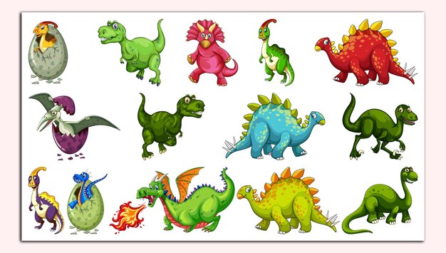 Vector conjunto de diferentes personajes de dibujos animados de dinosaurios aislados en fondo blanco