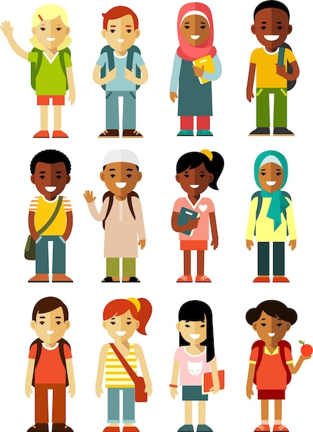 Conjunto de diferentes personajes de niños de estudiantes de primaria en estilo plano