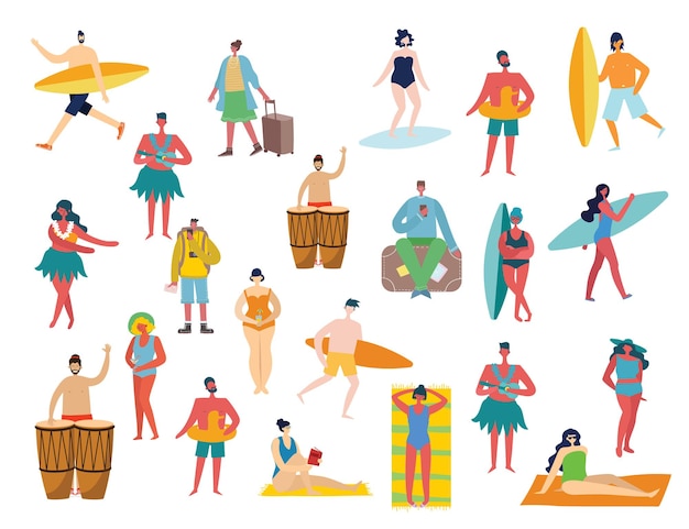 Conjunto de diferentes personas e iconos de viajes de verano en el orzuelo plano