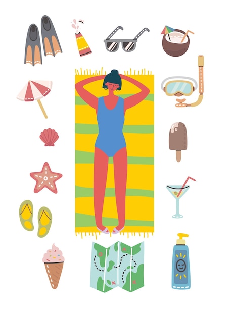 Conjunto de diferentes personas e iconos de viajes de verano