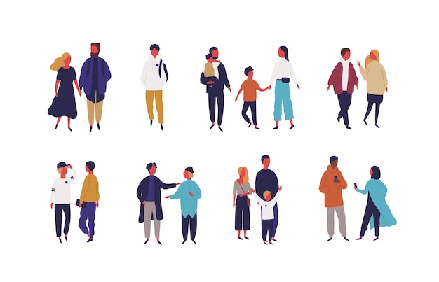 Conjunto de diferentes personas - pareja, familia y amigos vector ilustración plana. Colección de varios hombres, mujeres y niños hablando, caminando, usando teléfonos inteligentes, pasando tiempo juntos aislados.