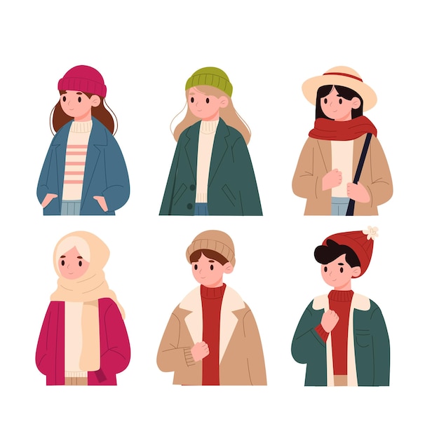Conjunto de diferentes personas con ropa de invierno Ilustración vectorial en estilo plano