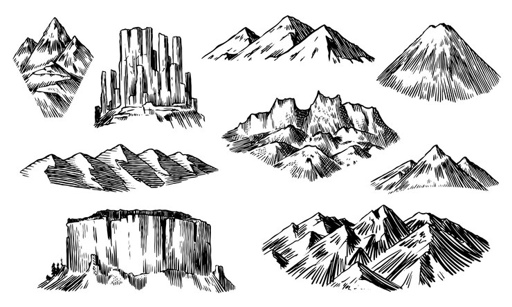 Vector conjunto de diferentes picos de montañas y colinas insignias dibujadas a mano ilustraciones de nevadas y rocosas