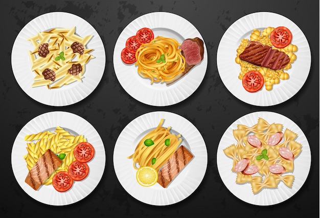 Vector conjunto de diferentes platos de pasta