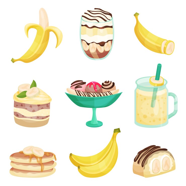 Vector conjunto de diferentes platos de plátanos, postres saludables y nutritivos ilustraciones de dibujos animados