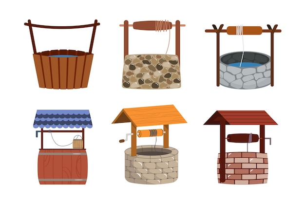 Conjunto de diferentes pozos en estilo de dibujos animados Ilustración vectorial de hermosos pozos antiguos de madera y piedra con cubos de cuerdas aislados sobre fondo blanco