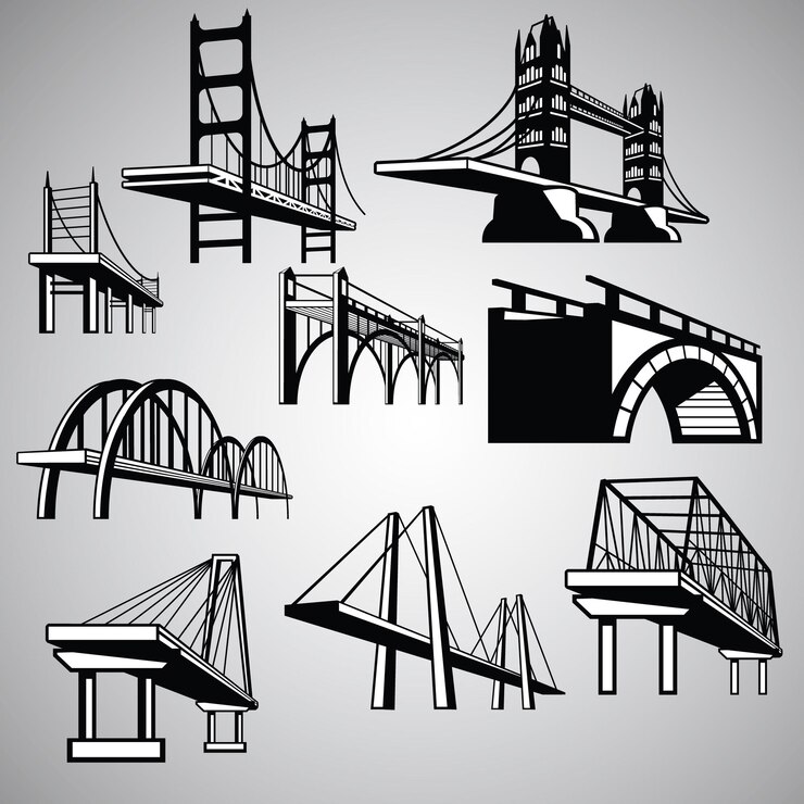 Vector conjunto de diferentes puentes aislado sobre fondo blanco ilustración vectorial en blanco y negro