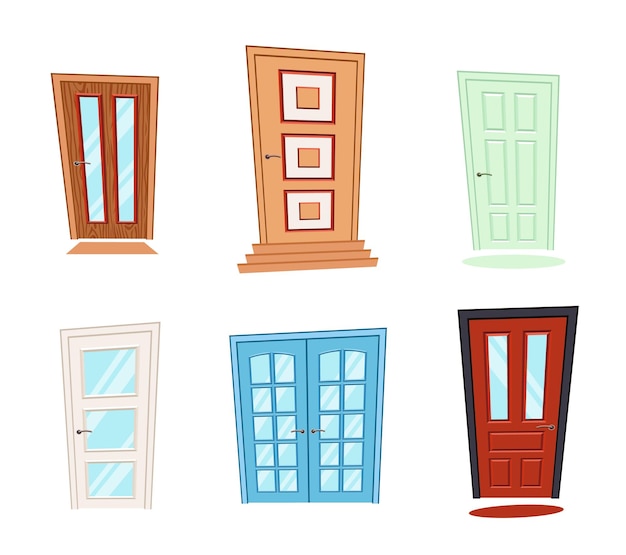 Conjunto de diferentes puertas en estilo de dibujos animados aislado sobre un fondo blanco.