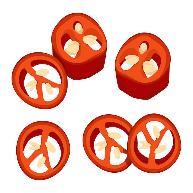 Conjunto de diferentes rebanadas de chiles rojos mexicanos con granos