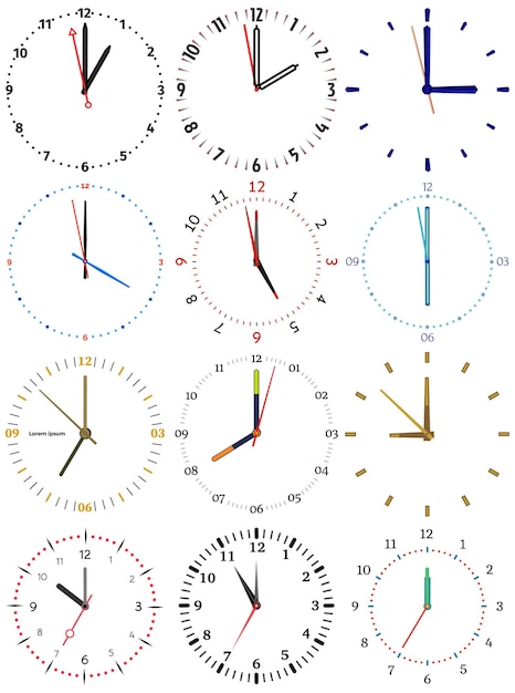 Vector un conjunto de diferentes relojes mecánicos con una imagen de cada una de las doce horas reloj sobre fondo blancoxa