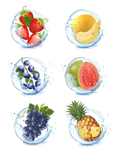 Conjunto de diferentes salpicaduras de agua con frutas y bayas Melocotón kiwi albaricoque maracuyá mango uva plátano Vector
