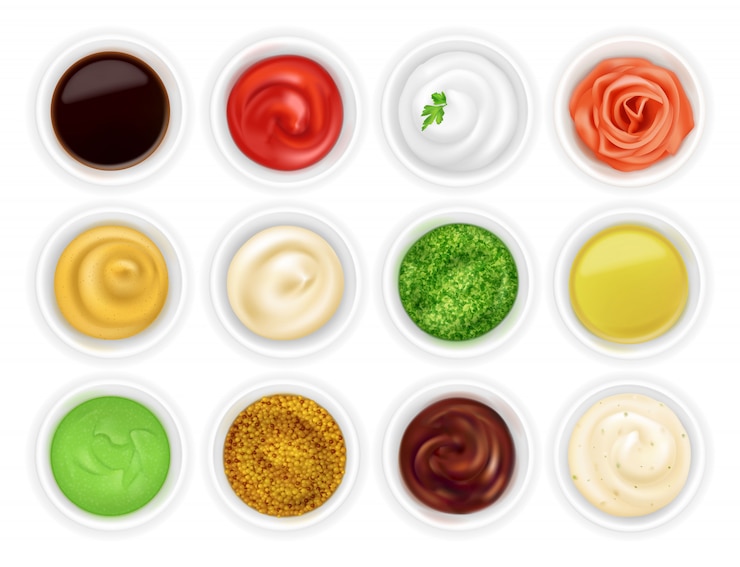 Vector conjunto de diferentes salsas en tazones.