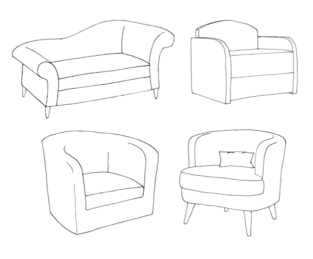 Vector conjunto de diferentes sillones blandos dibujo lineal ilustración vectorial