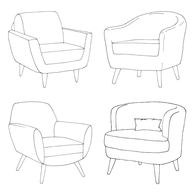 Conjunto de diferentes sillones blandos Dibujo lineal Ilustración vectorial