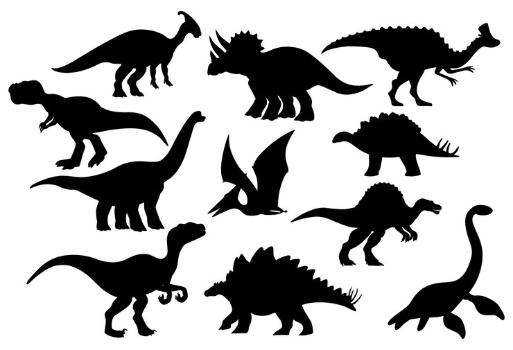 Vector conjunto de diferentes siluetas de dinosaurios ilustración vectorial plana aislada