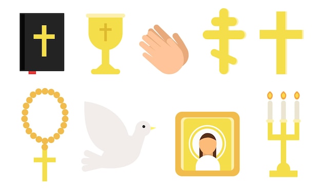 Conjunto de diferentes símbolos de la religión cristiana Biblia cruz copa paloma blanca rosario icono vela ilustración vectorial