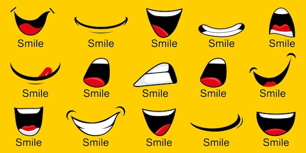 Conjunto de diferentes sonrisas de dibujos animados en un diseño plano Colección aislada de emoción de sonrisa