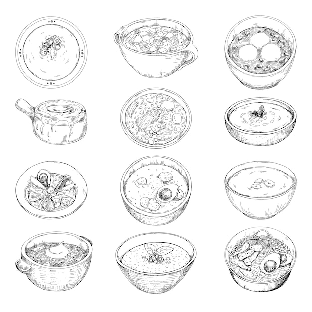 Vector conjunto de diferentes sopas. ilustración en estilo boceto.
