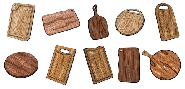 Conjunto de diferentes tablas de madera de corte dibujadas a mano con mango Barbacoa de pizza y colección de tablas para servir