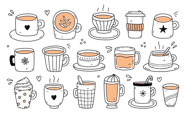 Conjunto de diferentes tazas lindas con café en estilo garabato