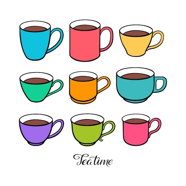 Conjunto de diferentes tazas de té de colores lindos