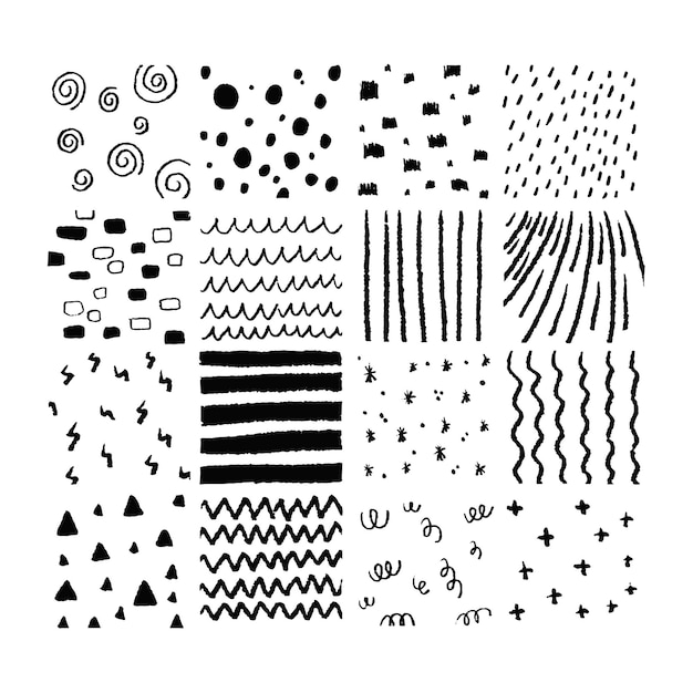 Conjunto de diferentes texturas grunge Diseño de doodle vectorial dibujado a mano Trazos de pincel vectorial de tinta negra