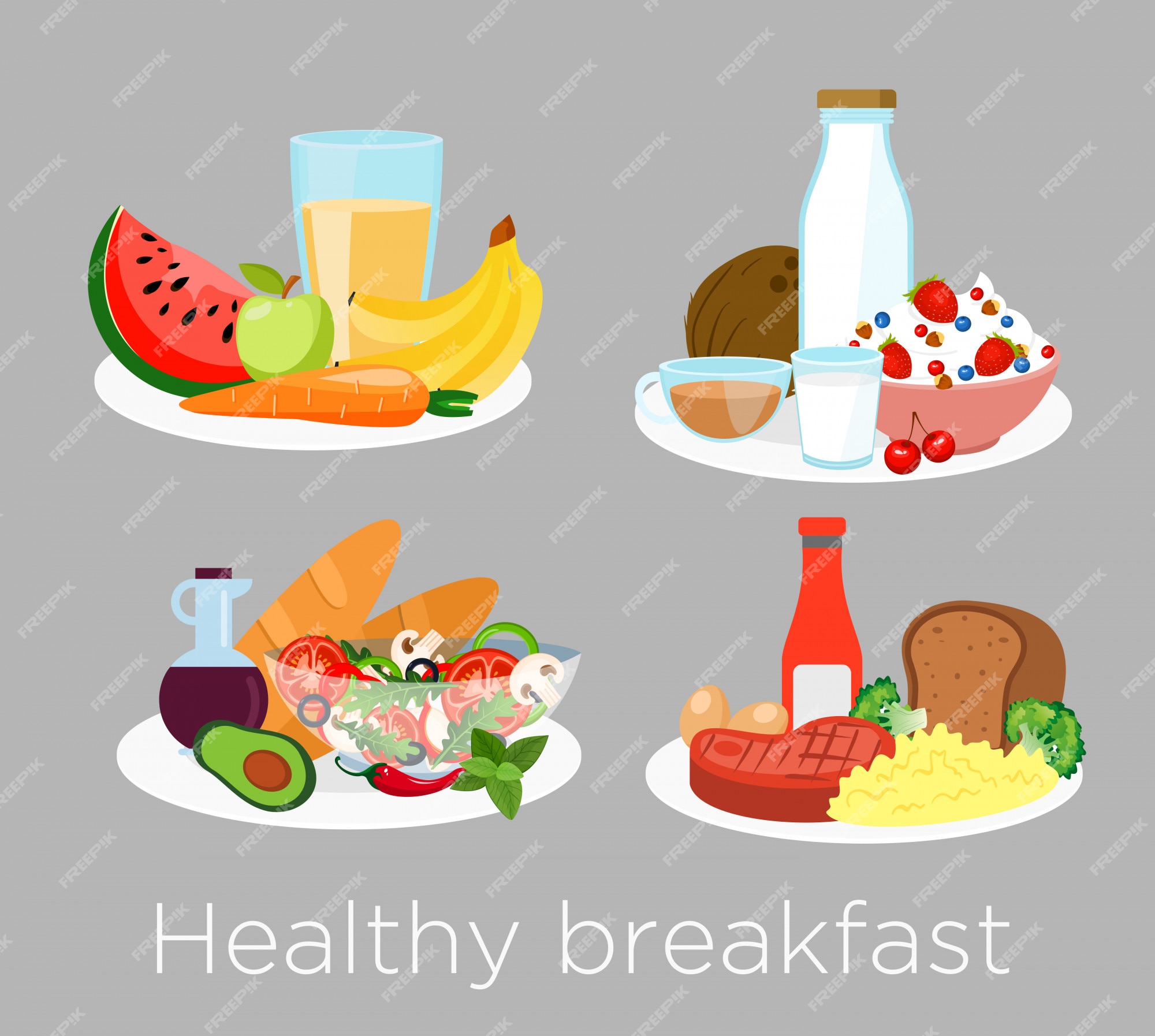 Conjunto de diferentes tipos de alimentos saludables para el desayuno en  estilo de dibujos animados. almuerzo café, gachas, naranja y nutrición  matutina, deliciosas frutas, pan. | Vector Premium