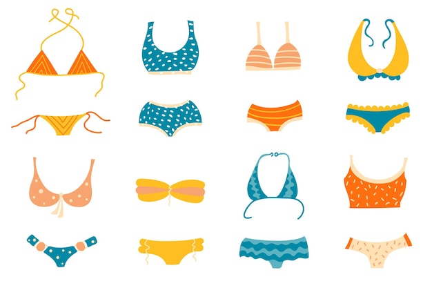 Conjunto de diferentes tipos de bañadores o braguitas y braguitas de bikini