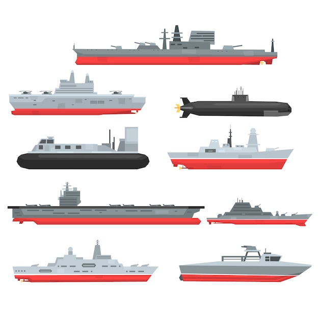 Conjunto de diferentes tipos de barcos de combate naval, barcos militares, barcos, fragatas, submarinos ilustraciones sobre un fondo blanco