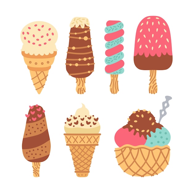 Conjunto de diferentes tipos de barra de helado en un palo aislado