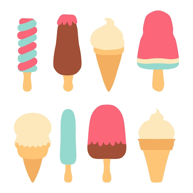Conjunto de diferentes tipos de barra de helado en un palo aislado