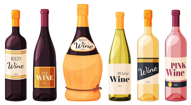 Conjunto de diferentes tipos de botellas de vino bebida alcohólica ligera de uvas ilustración vectorial