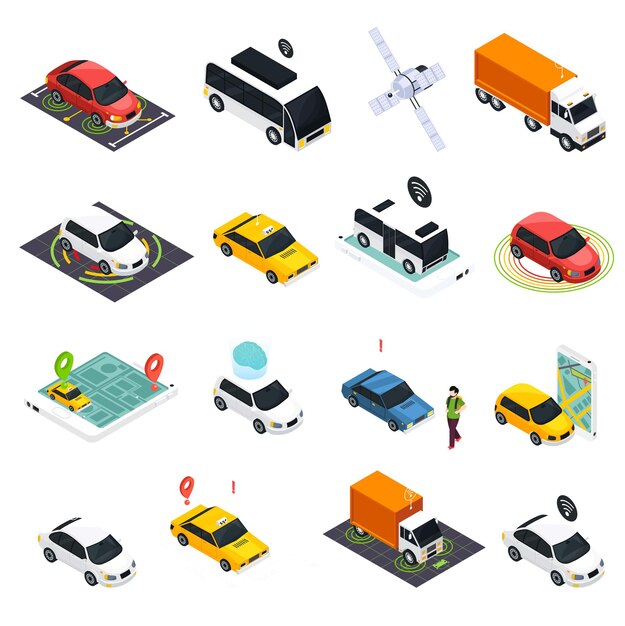 Un conjunto de diferentes tipos de coches y camiones aislados en la ilustración de fondo blanco