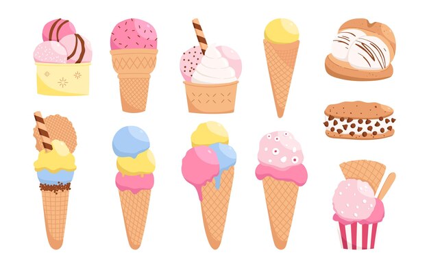 Conjunto de diferentes tipos de helados dibujados a mano Ilustraciones de alimentos brillantes