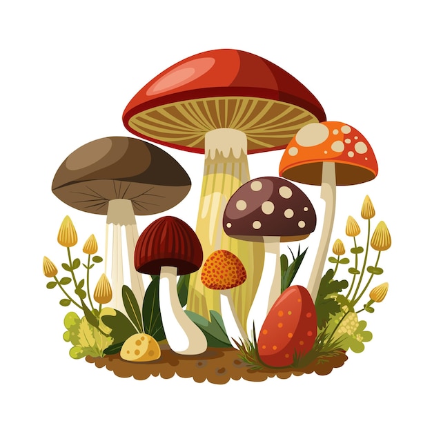 Un conjunto de diferentes tipos de hongos con plantas hermosa ilustración vectorial de la escena
