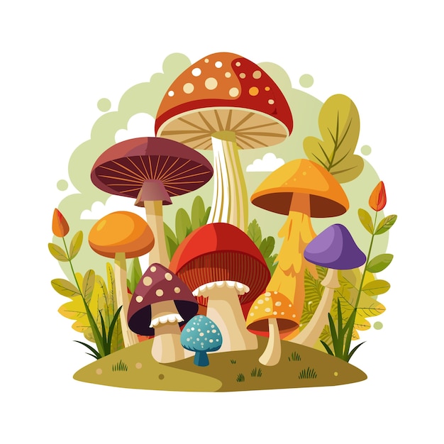 Un conjunto de diferentes tipos de hongos con plantas hermosa ilustración vectorial de la escena