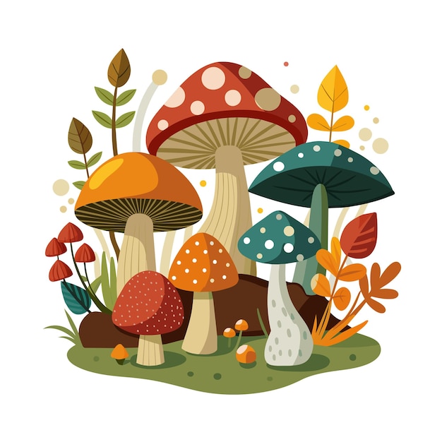 Un conjunto de diferentes tipos de hongos con plantas hermosa ilustración vectorial de la escena
