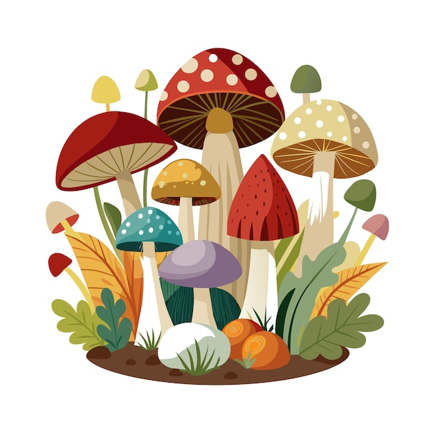 Un conjunto de diferentes tipos de hongos con plantas hermosa ilustración vectorial de la escena