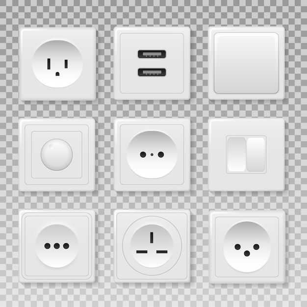 Conjunto de diferentes tipos de interruptores de alimentación. El poder de la toma de corriente eléctrica apaga y enciende imágenes realistas. Interruptor de pared cuadrado rectangular y redondo blanco y enchufes.