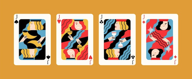Conjunto de diferentes tipos de jacks que ganan la ilustración plana del vector editorial de la mano de póquer. Combinación de cartas de cuatro de un tipo, diseño gráfico de varios trajes aislado. Colección de dibujos animados jugando a las cartas.