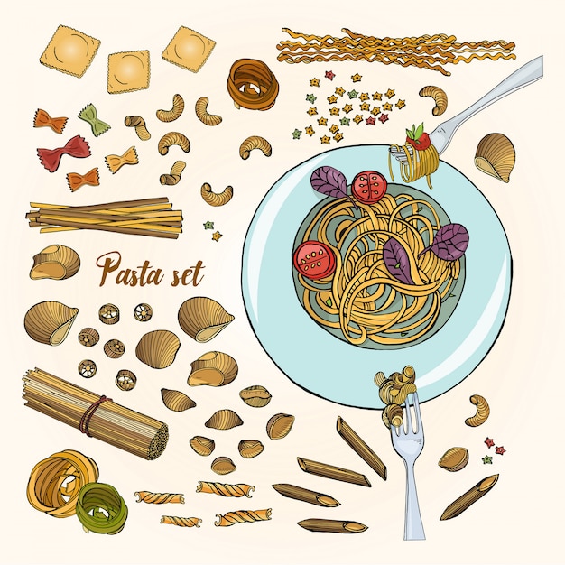 Conjunto de diferentes tipos de pasta. colorido dibujado a mano colección spaghetti