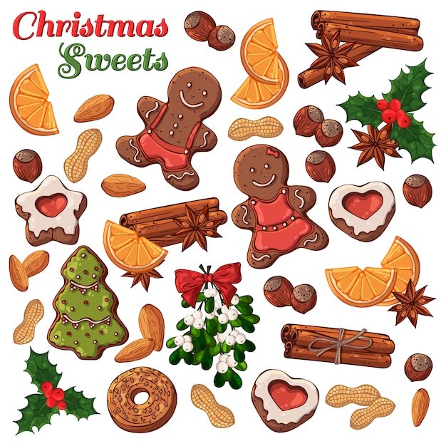 Conjunto de diferentes tipos de símbolos y dulces navideños