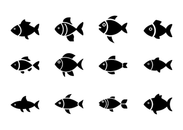 Vector un conjunto de diferentes tipos y tamaños de iconos de peces