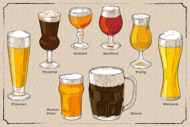 Un conjunto de diferentes tipos de vasos de cerveza ilustración multicolor vectorial dibujada a mano